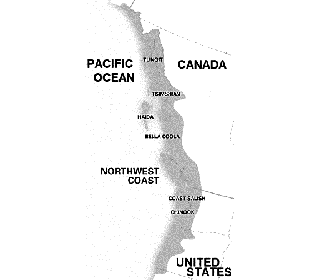 Map showing locations of Northwest Coast Native Indian Tribes